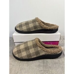 Isotoner Mens Plaid Clog Slippers Tan Brown Faux Fur Lined Size 9.5-10.5